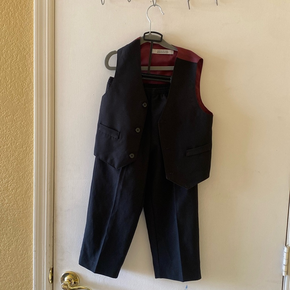 4t boys, black and maroon formal vest and black pants with elastic waist band
